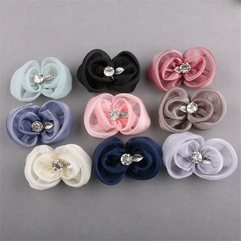 

Free Shipping 20PCs/Lot Rhinestone Core Metal Leaf Decorated Chiffon Lace Ribbon Bow Patch Girl Women Hair Jewelry Ornament DIY