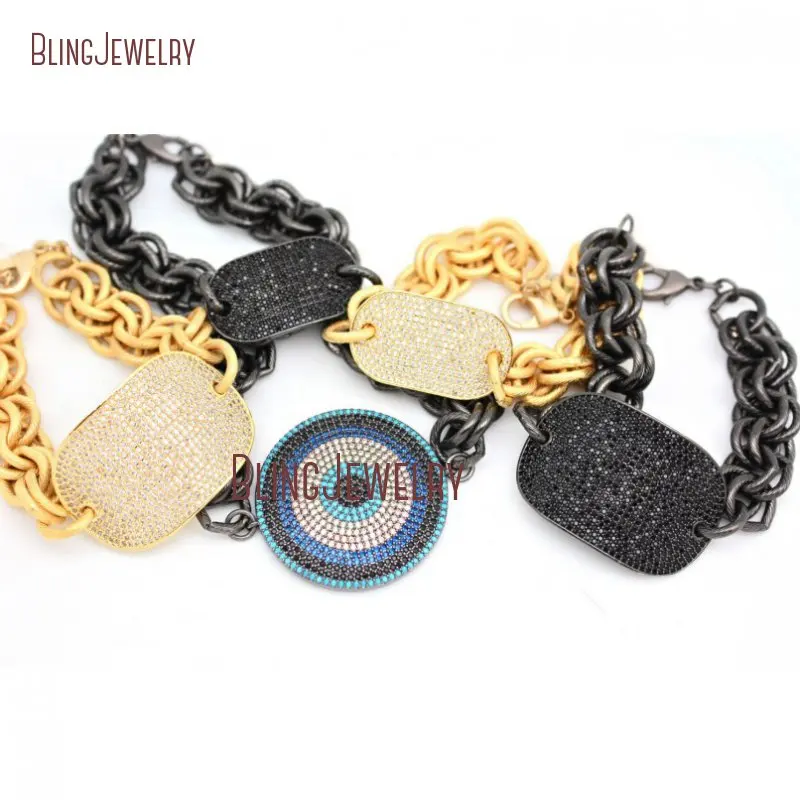 

Large Curved Dog Tag Connector Evil Eye Charm Double Link Gold Filled Chain with Clasp Closure Bracelet BM26262