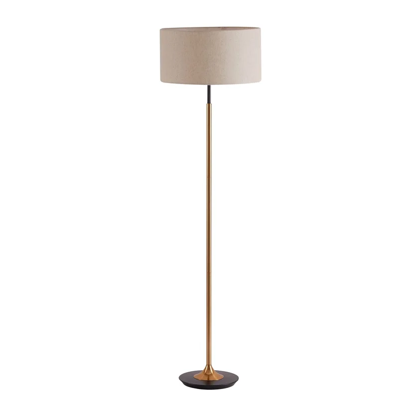 Dimmable Floor Lamp / 150cm Height / Fabric Shade / Golden Color / Bronzing Metal Stem / Iron Base in Black Lacquer