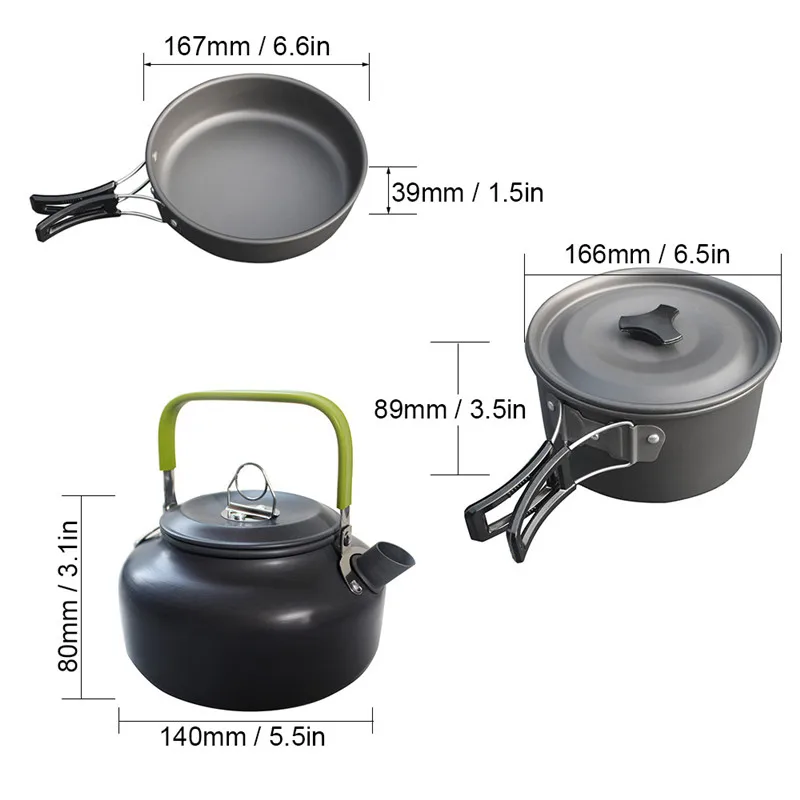 3 piezas de Camping al aire libre de utensilios de cocina tetera olla freír Pan conjunto plegable portátil senderismo Picnic caminando utensilios turística vajilla