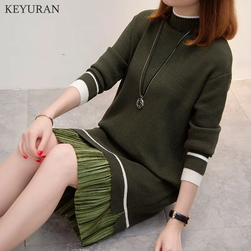 Женское платье-свитер размера плюс XL-4XL, Осень-зима, новинка, водолазка, свободный, длинный рукав, для женщин, приталенные платья, Vestidos L2176 - Цвет: Армейский зеленый