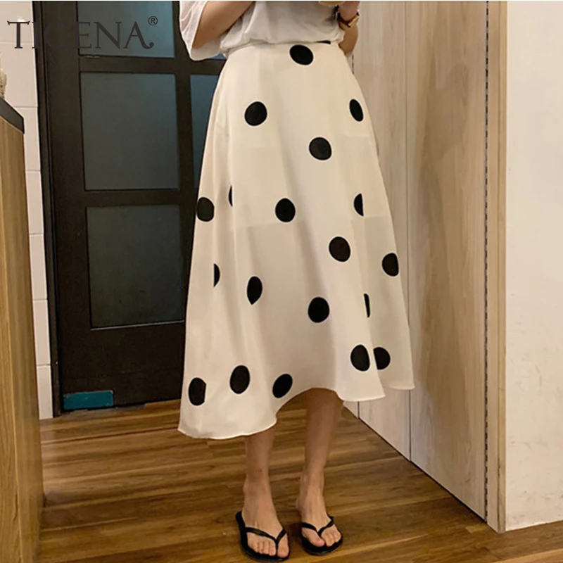 

TIGENA Big Polka Dot Midi Long Summer Skirt Women Fashion 2019 Casual Black White Chiffon High Waist School Sun Skirt Female