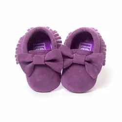 Фиолетовый для маленьких девочек Обувь бантом ручной работы замшевые детские мокасины новорожденных Впервые Уокер Мягкая малышей обуви