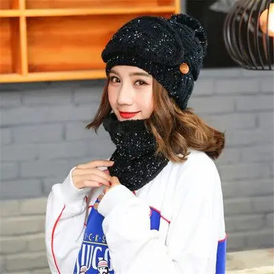 Новая зимняя женская маска для лица, шапка, шарф, набор, вязаный теплый толстый ветронепроницаемый подшлемник, многофункциональная вязаная шапка для женщин - Цвет: Black