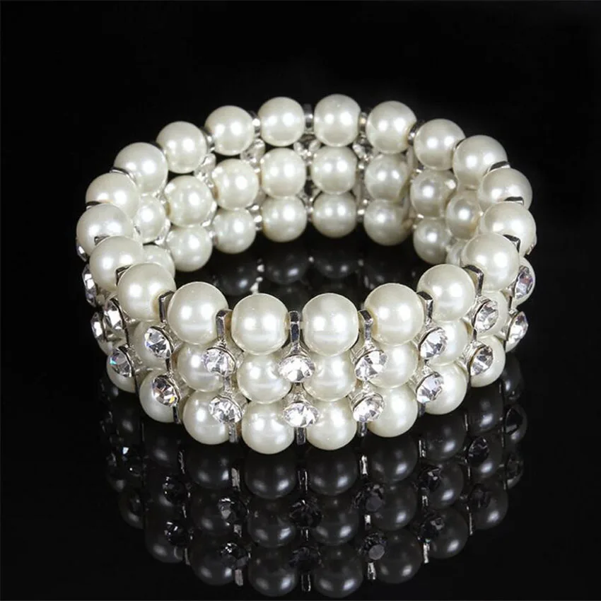 MHS.SUN Hot sale Classic White Glass Pearl bracelet blue Crystal Rhinestone Elastic Bridal Wrist Jewelry Gift FY031 | Украшения и