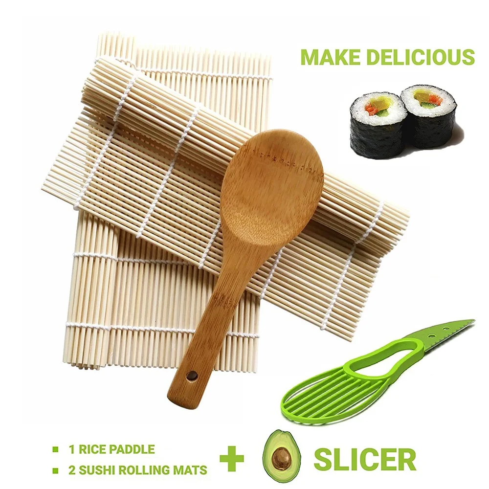 

2Pcs Bamboo Sushi Mat Sushi Roller Mat With 1Pcs Rice Paddle 1Pcs Avocado Slicer Cutter DIY Sushi Maker Set Sushi Accessories
