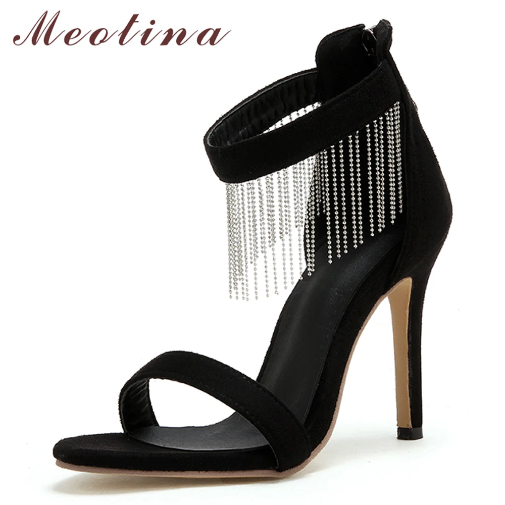 

Meotina Women Sandals Summer Shoes Fringe Stiletto Heels Party Shoes Elegant Zip Extreme High Heel Sandals Lady Plus Size 34-43