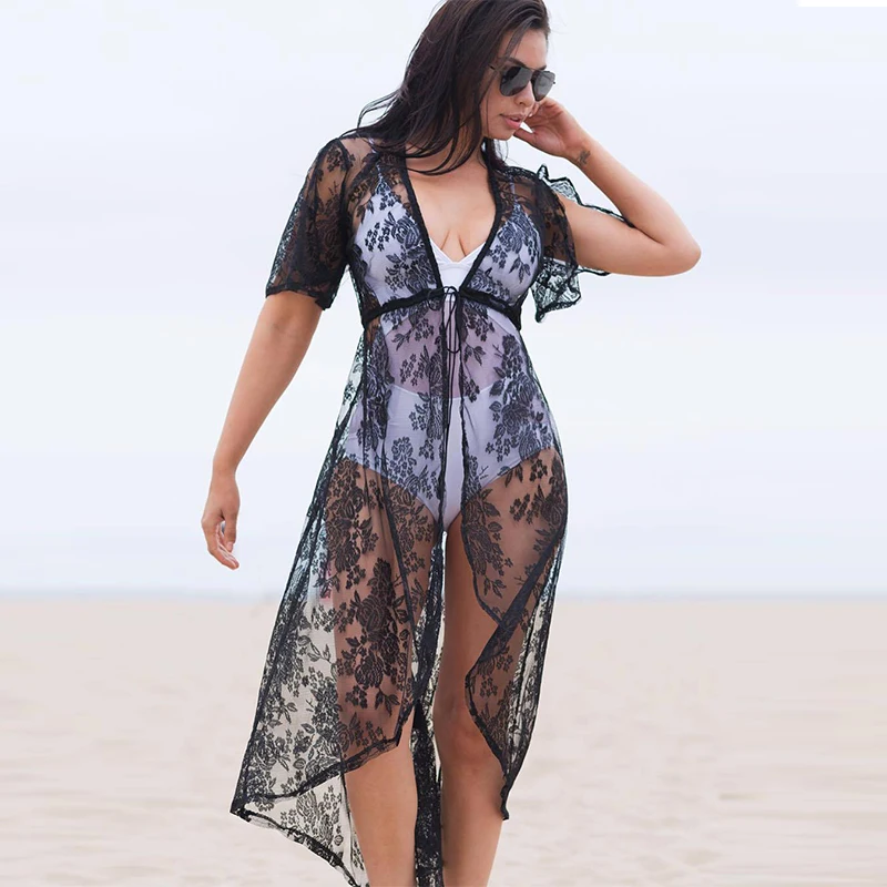 

Women Semi-Sheer Floral Lace Cardigan Short Sleeve Tassel Tie String Irregular Hem Cover Ups Holiday Beach Wear Sexy For Ladies