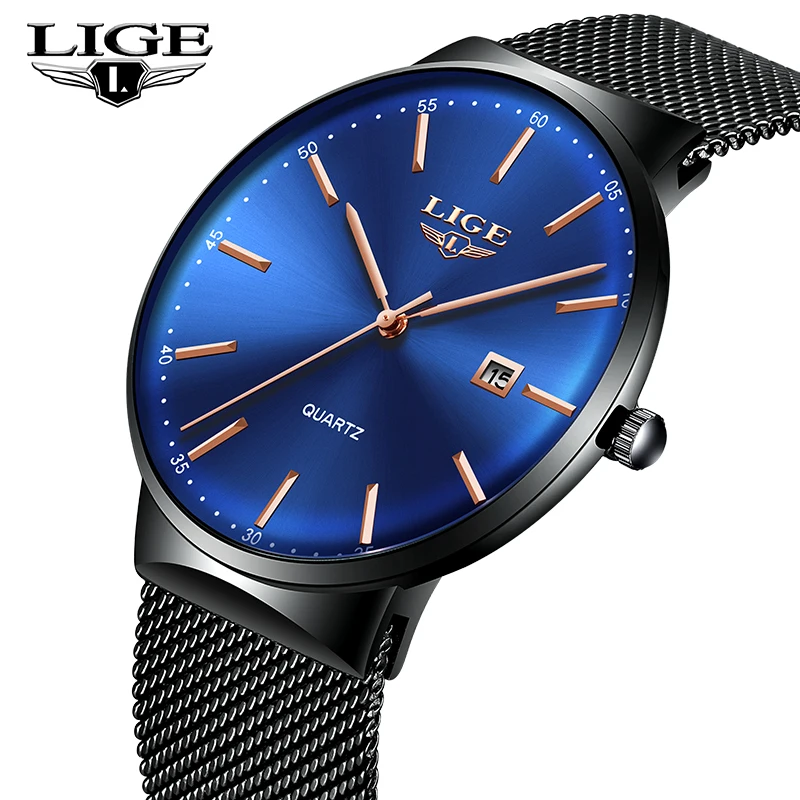 

LIGE Fashion Casual Men's Watch Top Brand Luxury Watch Simple Analog Steel Mesh Belt Watch Waterproof Quartz Clock Sports Watch