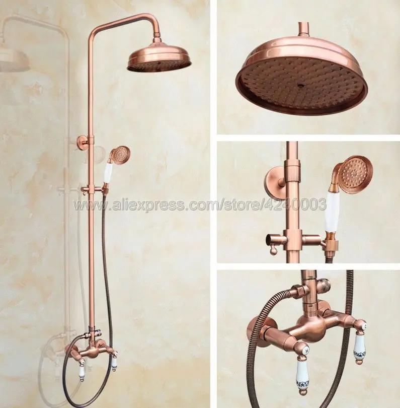 

Antique Red Copper Wall Mounted Bathroom Shower Faucet Set Handheld Shower Sprayer Mixer Tap 2 Handles Krg554