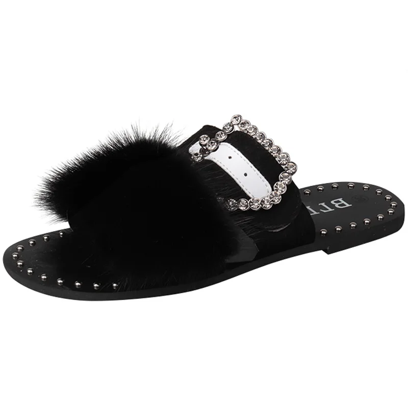 

Women's Sandal Shoes Luxury Mink Fur Slippers Woman Flip Flops