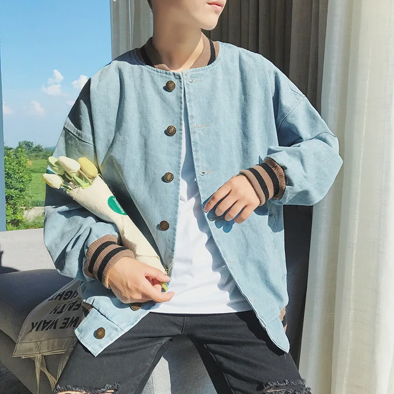 

2018 Autumn Leisure Cowboy Jacket Coat Two Color Stand Lead Loose The Wind In Shopkeeper Original Old Time Japanese city boy