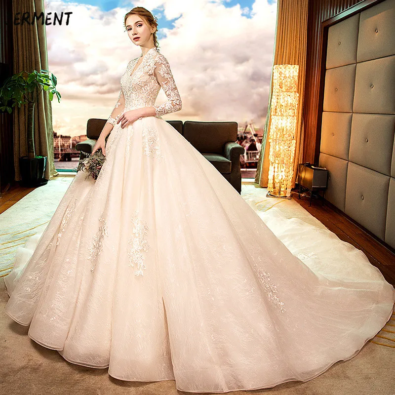 

30% Discount 2019 New Wedding Lace Tail Long Sleeve Aristocratic Elegant Bride Print Explosion Wedding Dress