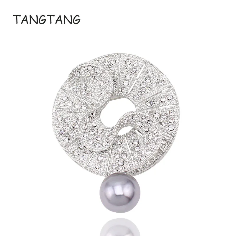 Crystal Rhinestone Simulated Pearl Feather Wedding Flower Pin Brooch Elegant New Vintage Round Shape Bright Jewelry BH8254 | Украшения и