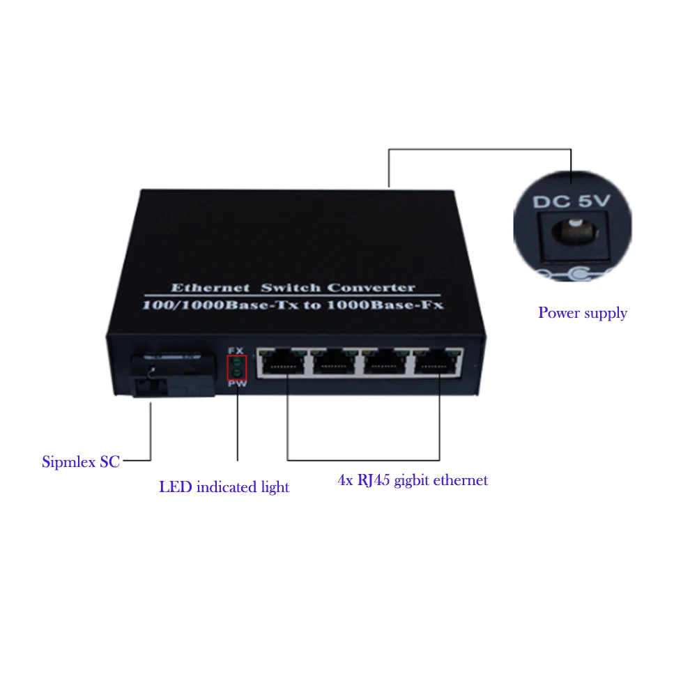 Премиум волокно оптическое до 4 порты 100/1000 Мбит/с gigbit ethernet оптический волокно Переключатель одномодовый simplex SC