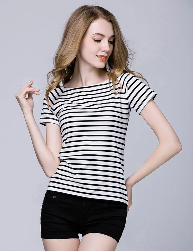 

2017 Summer New Style Women 's White/Black/Blue/Pink Tops Fashion Cotton Striped Slash-Neck T-shirt