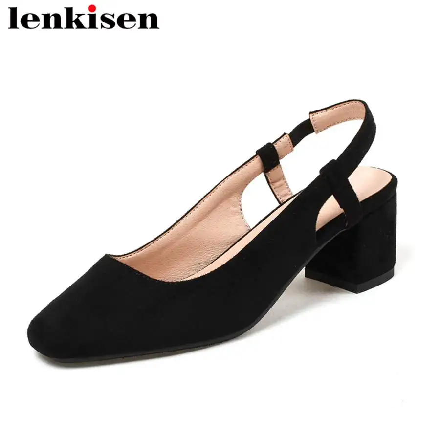 

Lenkisen new plus size PU med heels elastic band square toe shallow high street fashion solid shopping women summer sandals L2f2