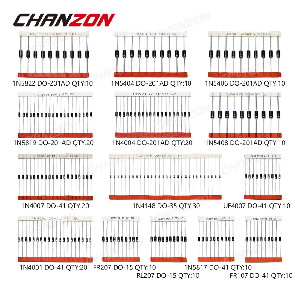 200pcs Fast Switching Schottky Diode Assorted Kit 1N4001 1N4004 1N4007 and more