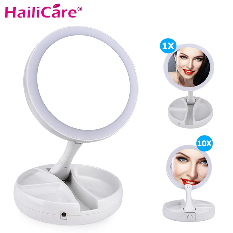 

Portable Foldable LED USB Lighted Makeup Mirror Professional 10X Magnifying Mirrors Tri-fold Cosmetic Desktop Hand Mirror Tools