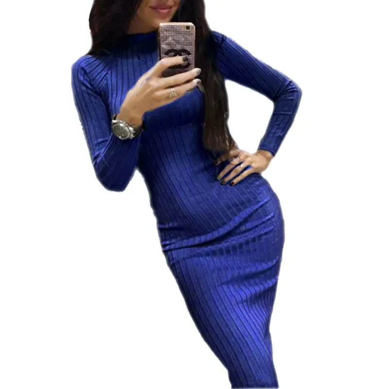 Elegant Women Midi Dress Autumn Long Sleeve Slim Dresses Winter Bodycon Knitted Robe Office Ladies Knitting