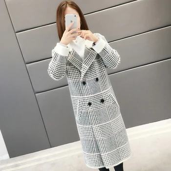 

2020 Women's Winter New Sweater Coat Loose Suit Collar Plaid Warm Sweater Long Fashion Jacket Casual Slim Sweater LQ076