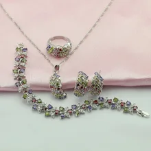 Ashley 4 unids Plata Conjuntos de Joyas Para Las Mujeres multicolor piedras Pendiente/Colgante/Collar/Anillo/pulsera Caja de Joyería Libre