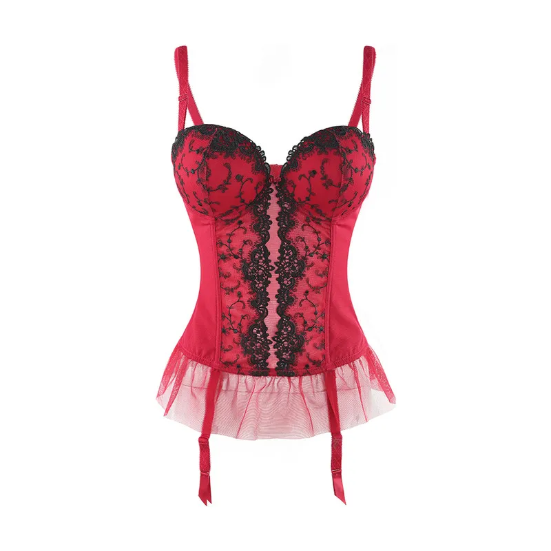 Women Lace Emboridery Corset Mesh Bone Sexy Bustier Corselet Bustier Overbust Slim Corsets New Fashion Ruffles 2 colors