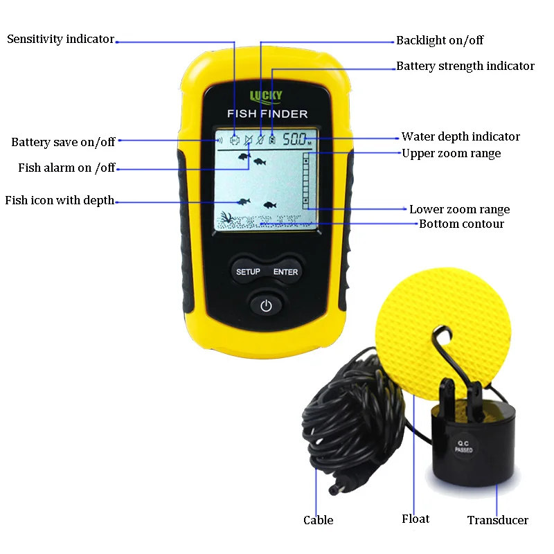 Lucky Sonar Fish Finder Alarm FF1108-1 100M Portable Sonar Sensor LCD Fishfinder Deeper Echo Sounde