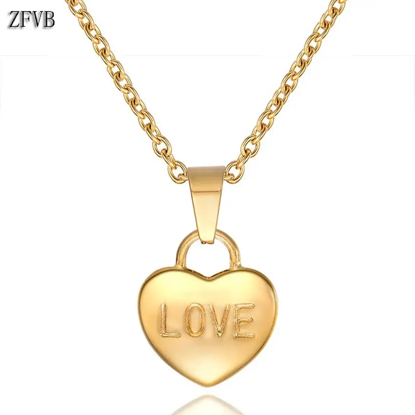 

ZFVB Trendy Heart Pendant Necklace for Women Wedding Jewelry Stainless Steel Gold color LOVE LOCK Necklaces Pendants Gifts