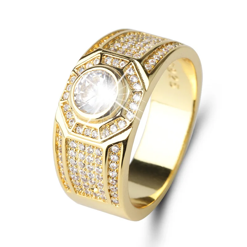 Fashion Gold Color and S925 Sterling Stamp Classic Men's Punk Style Hip Hop Ring Band Cool Gold Crystal AAA CZ Ring Jewelry