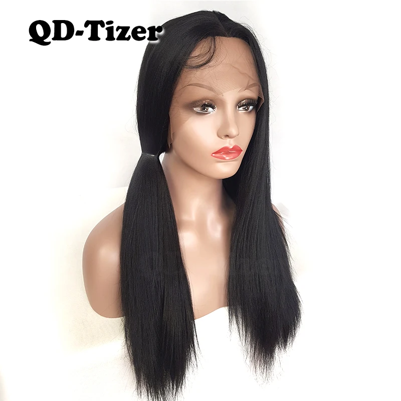 QD Tizer Yaki Straight Synthetic Lace Front Wigs Long Black Middle Part
