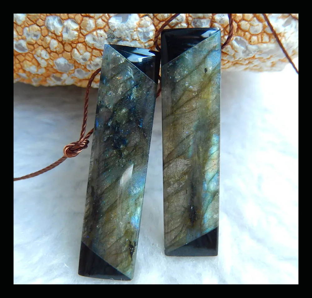 

Semiprecious Stone Obsidian Labradorite Intarsia Earrings,40x10x5mm 9.1g Natural Stone Fashion Women Earrings Jewelry
