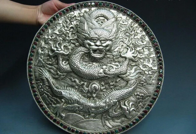 

Collectible bronze lion statue S0409 Chinese royal Silver inlay beryl and ruby Dragon Tang Ka