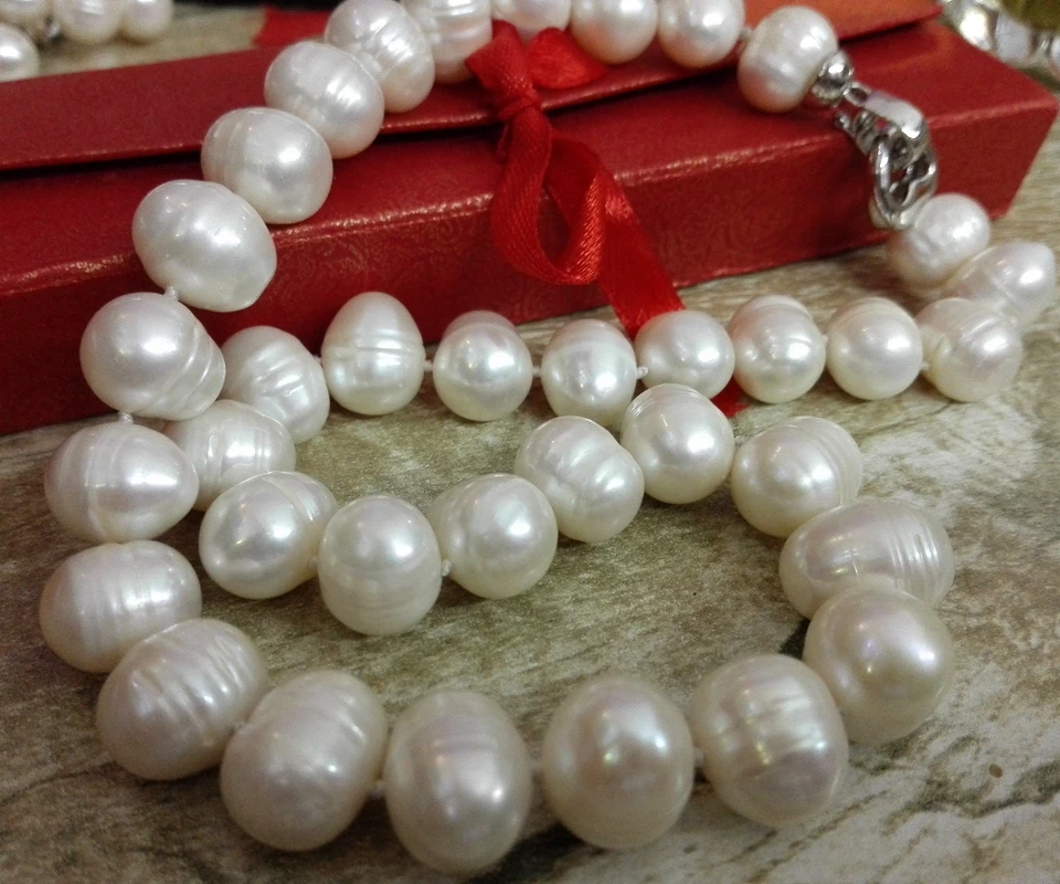 

Wedding women Jewelry 18'' 11mm-15mm Top Natural Freshwater pearl White Pearl Choker Necklace highlight Handmade Free Box