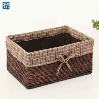 

Straw Weaving Storage Basket Desktop Debris Box Rectangular Rattan Fabric Wicker Organizer Cosmetics Small Objects Container
