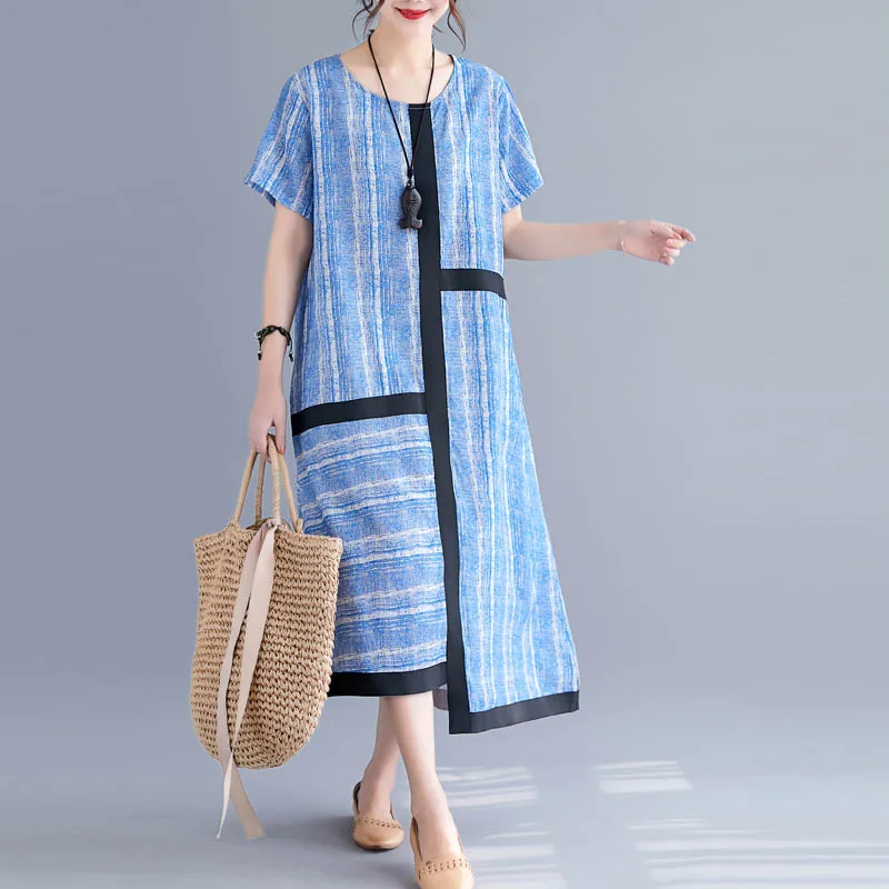 Большие размеры корейский стиль из хлопка и льна с Для женщин макси платье большой Размеры короткий рукав Свободные летнее платье в полоску ретро сарафан