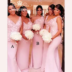 Шикарные 3d-цветочные аппликации платье подружки невесты в стиле русалки 2019 розовый атлас одно плечо v-образный вырез кружевное вечерние