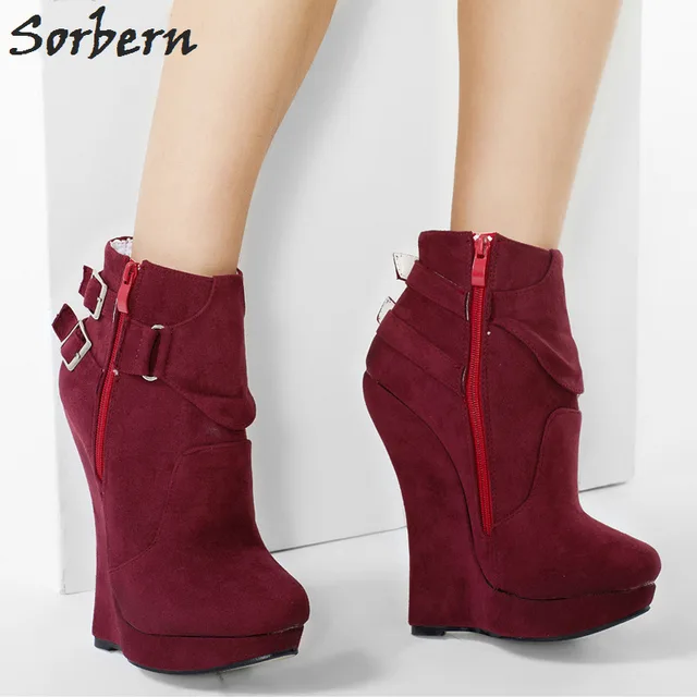 Sorbern Wine Red Ankle Boots Wedge High 