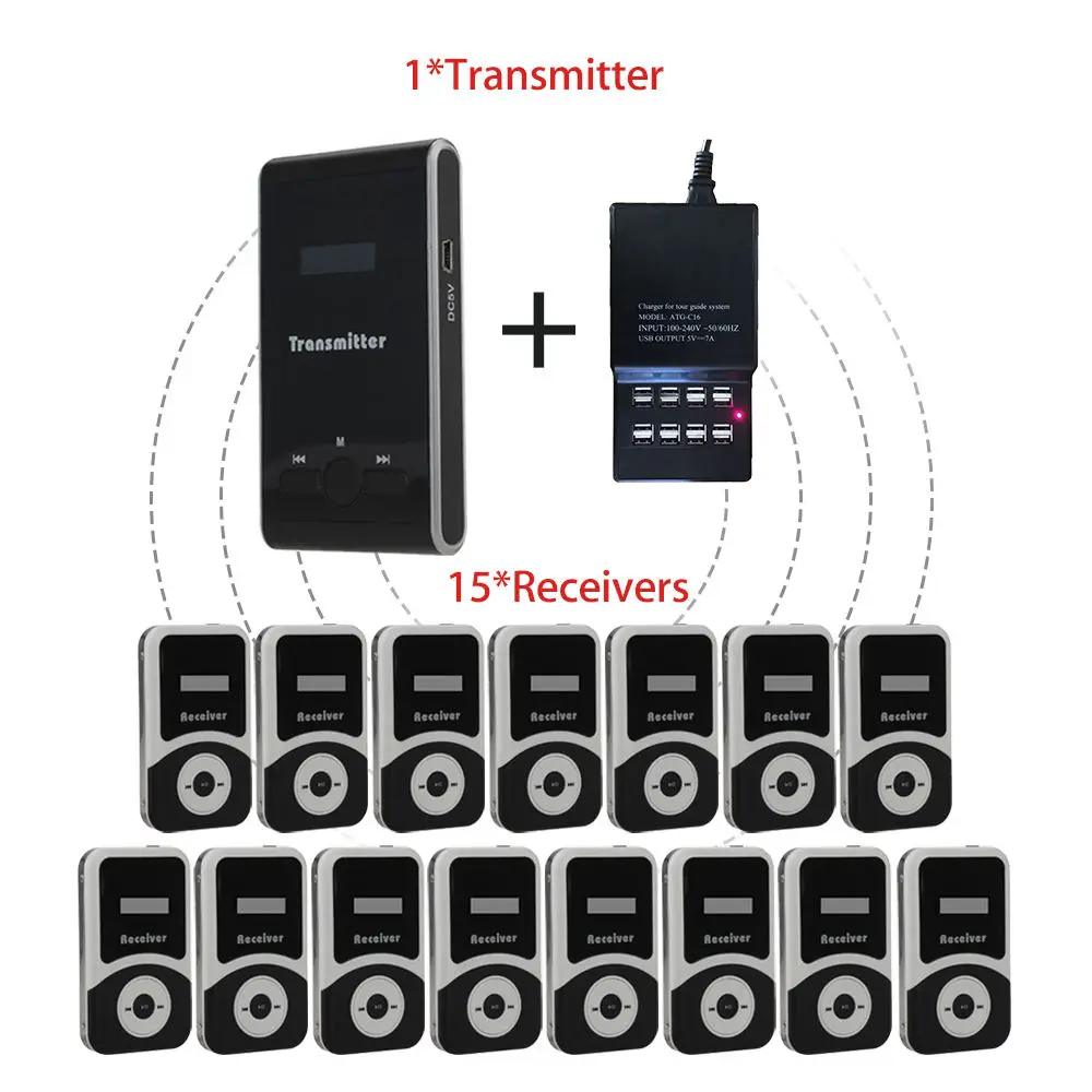 

DHL Shipping!ATG100 Portable Mini Meeting Tourism Teach Microphone Wireless Tour Guide System 1Transmitter+15 Receivers+Charger