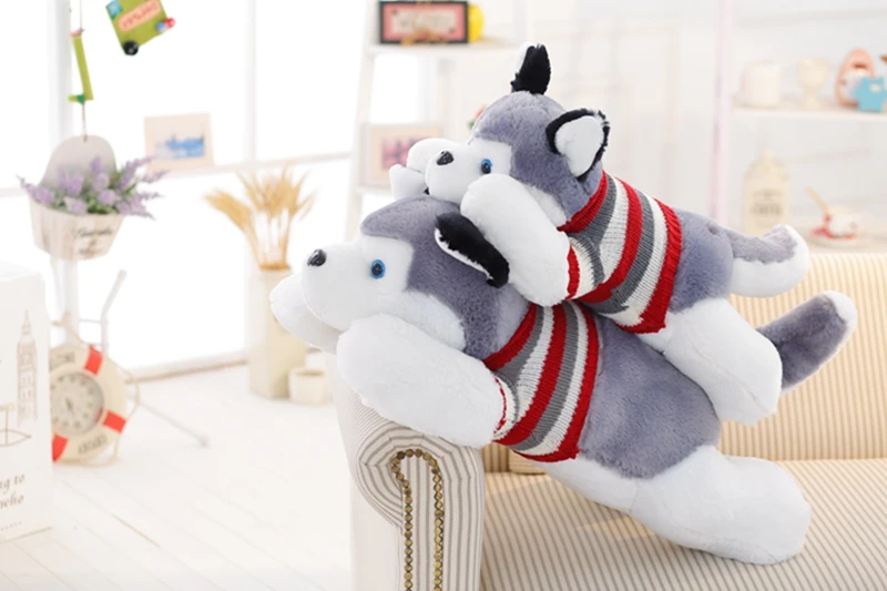 Одетый хаски кукла Свитер в полоску мягкие Хаски лежа Plushie игрушка серая собака Животные, детям, подарок на день рождения 40/50/70/100 см