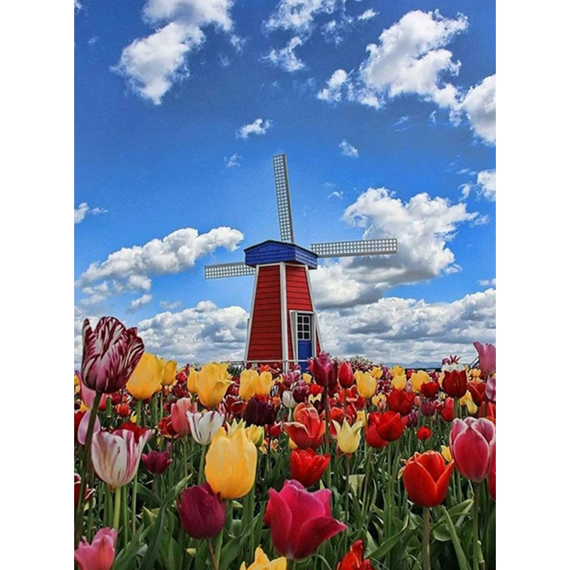 Diamond Embroidery Tulip Windmill Dutch Landscape Painting Cross Stitch Full Round Rhinestone Mosaic Decoration | Дом и сад