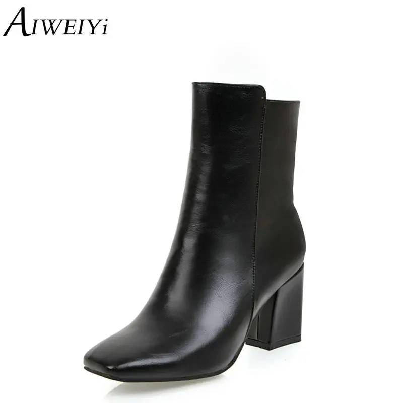 

AIWEIYi Ankle Boots for Women PU Leather Zip Square Toe Platform High Heels Shoes Rubber Sole Winter Boots Black Red Lady Shoes