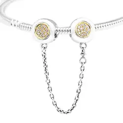 Подходит для Pandora Charms Браслеты 100% 925 пробы-серебро-ювелирные изделия Подпись цепь безопасности бусы с светло-желтого золота Цвет