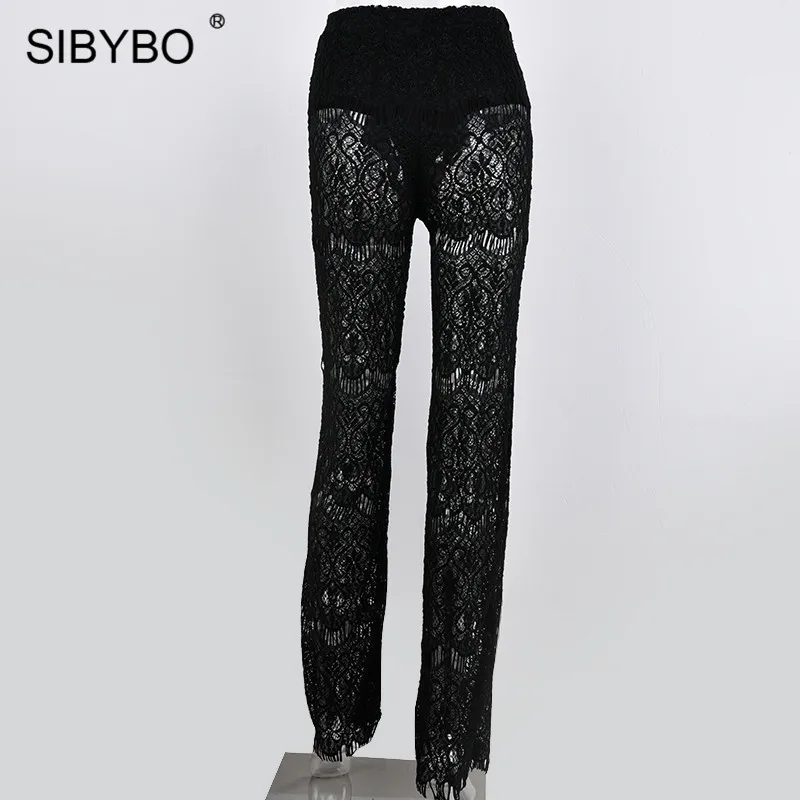 SIBYBO, высокая талия, свободные, сексуальные, кружевные штаны для женщин, модные, ажурные, кружевные, вязанные, длинные, женские брюки, черные, пляжные, повседневные, женские штаны