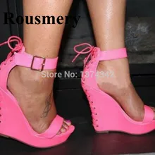 Милые женские сандалии-гладиаторы на танкетке с ремешком на лодыжке женские модельные туфли для вечеринки с открытым носком и шнуровкой