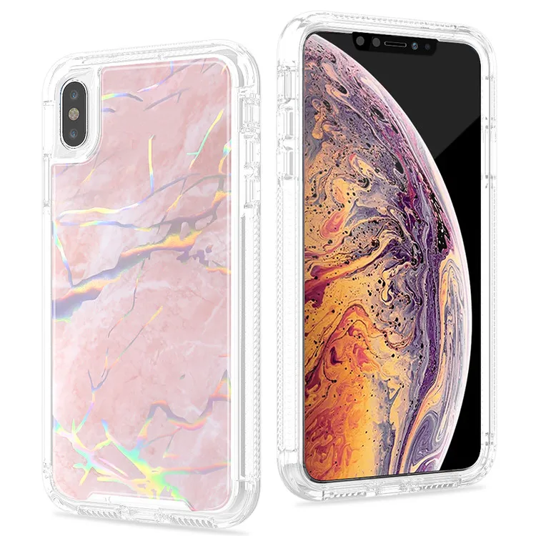 Модный мраморный лазерный чехол для телефона iPhone XS MAX XR X 6s 6 7 8 Plus PC+ TPU 360 Полный Корпус противоударный прозрачный чехол - Цвет: Amber