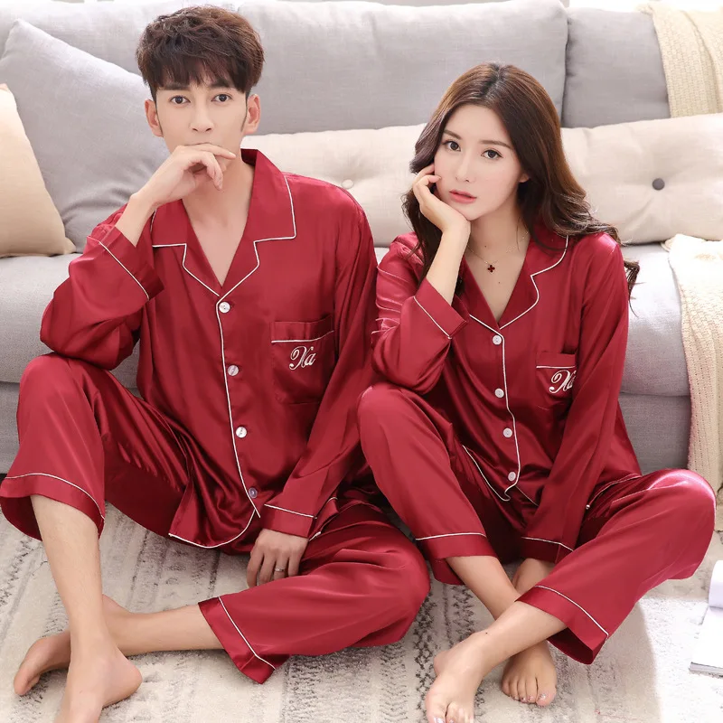 

Pajamas Couple Pyjamas Women Silk Long-sleeved Men's suit silk Korean Home Service Pajamas Set Homewear Sleepwear 2pic