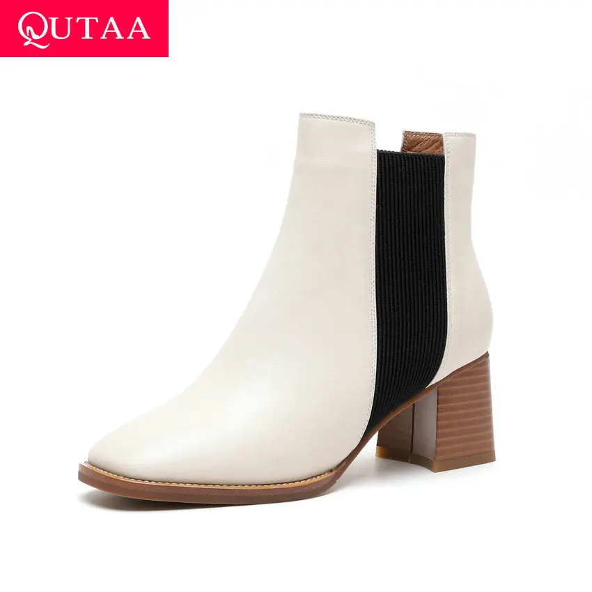 

QUTAA 2020 Autumn Winter Women Slip on Square Toe Ankle Boots Cow Leather Comfort Shoes Square High Heel Short Boots Size 34-40