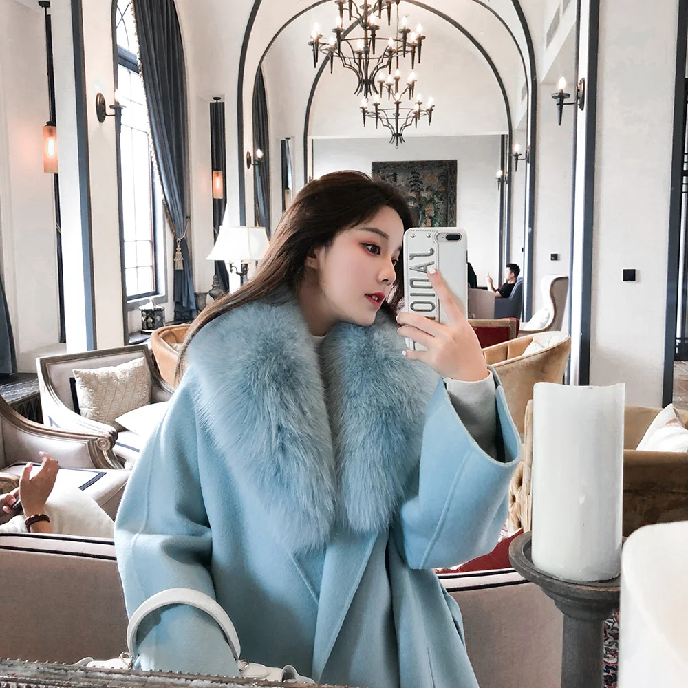 Women Winter Cashmere Coat with Real Fox Fur Collar Wool Jacket with Belt Women 2018 Fashion Cashmere Jacket Woolen Coat Female Women Winter Cashmere Coat with Real Fox Fur Collar Wool Jacket with Belt Women 2018 Fashion Cashmere Jacket Woolen Coat Female