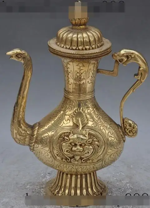 

S00856 13"tibet Folk Bronze Dragon Handle Bird Beast Head statue Wine Tea Pot Flagon